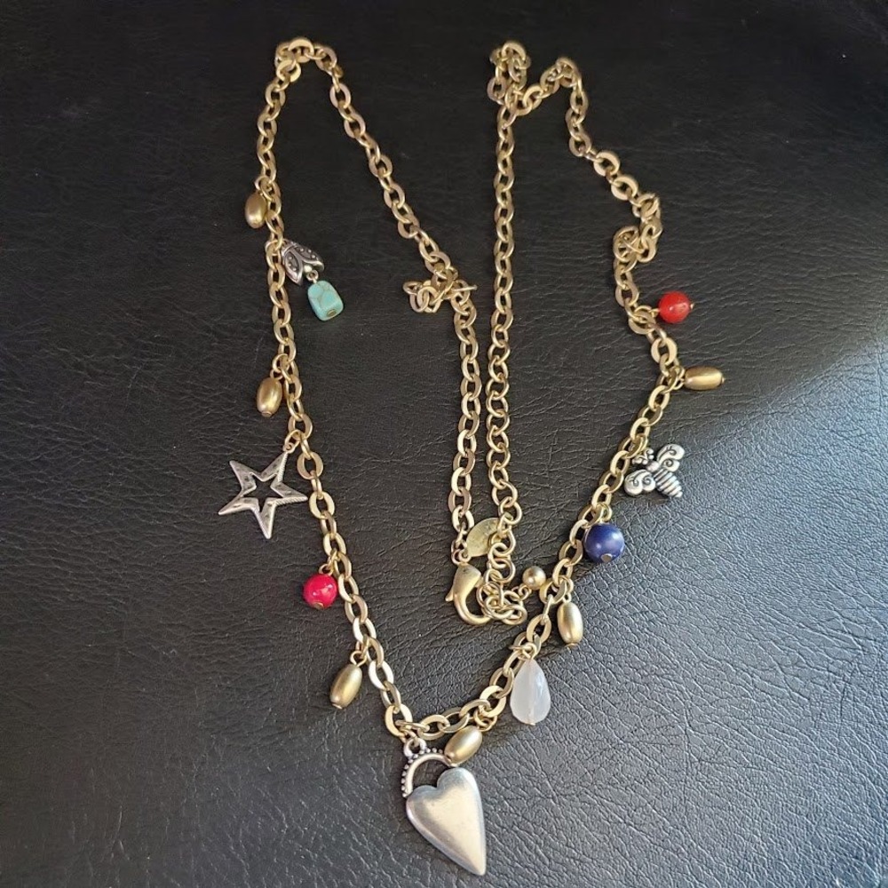Chicos Gold Tone Multi Charm Necklace Heart Star Bee Mixed Beads Whimsigoth - Picture 5 of 6